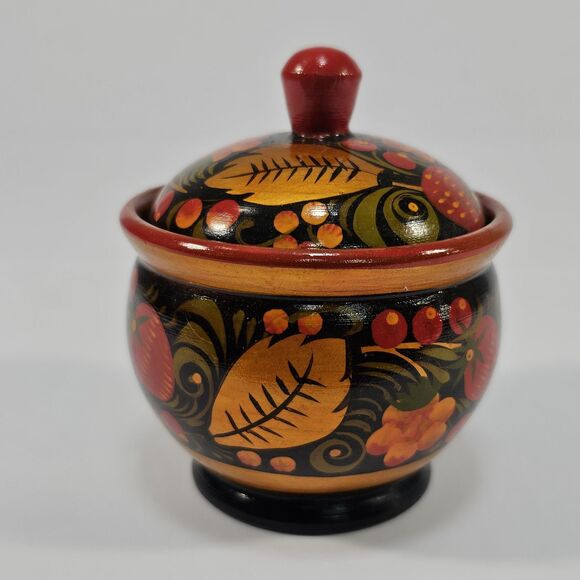 Russian Khokhloma Hand Painted Wooden Small Bowl with Lid, Black & Red Folk Art - Picture 2 of 9